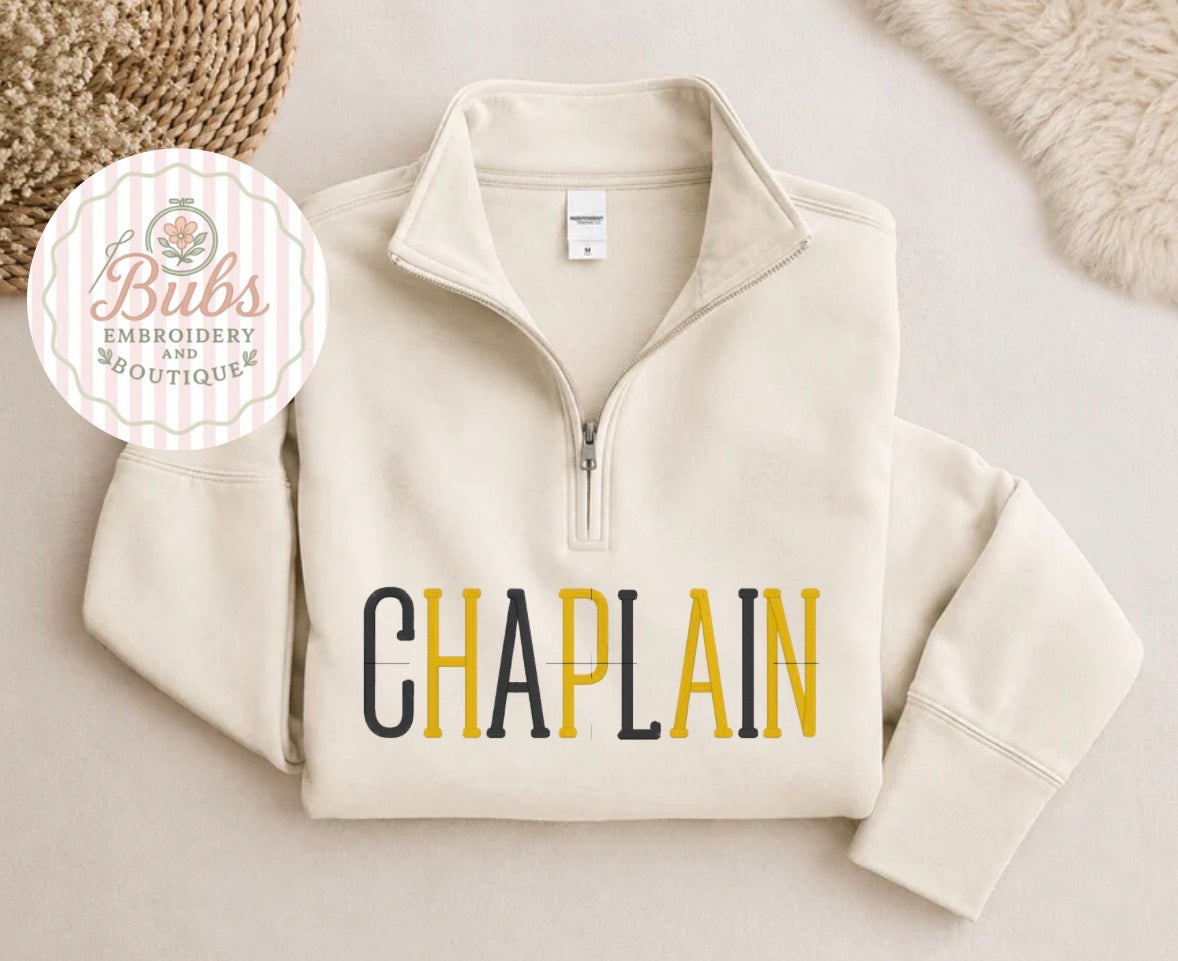 Chaplain ivory 1/4 zip black/gold letters