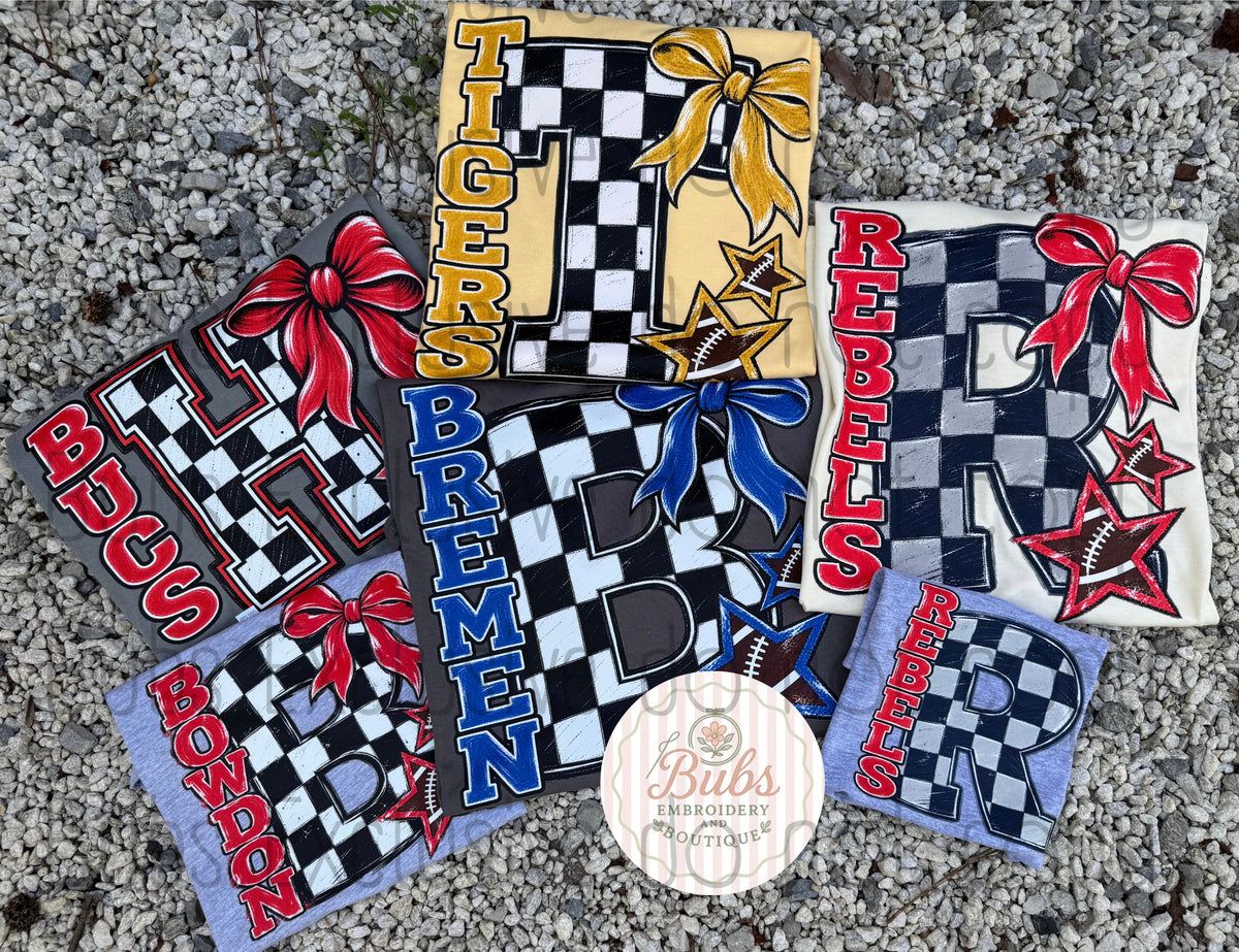 Checkered school spirit WITH STARS AND BOWS  (customs available)