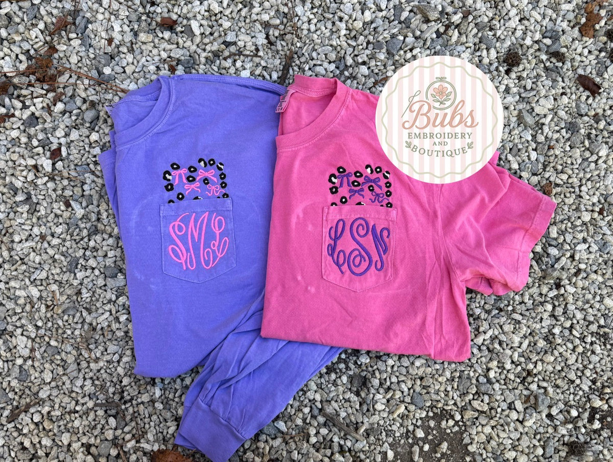 Leopard and bow pocket tees with initals