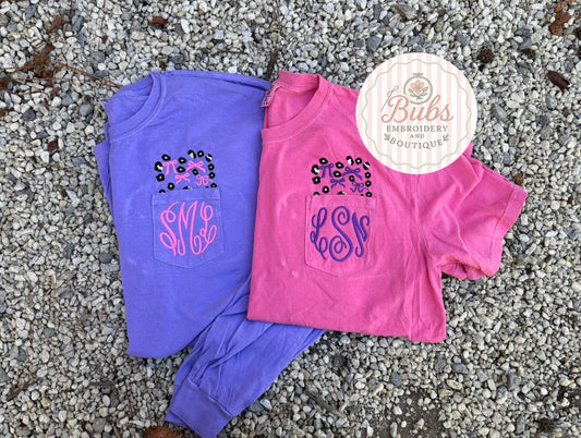 Leopard and bow pocket tees with initals