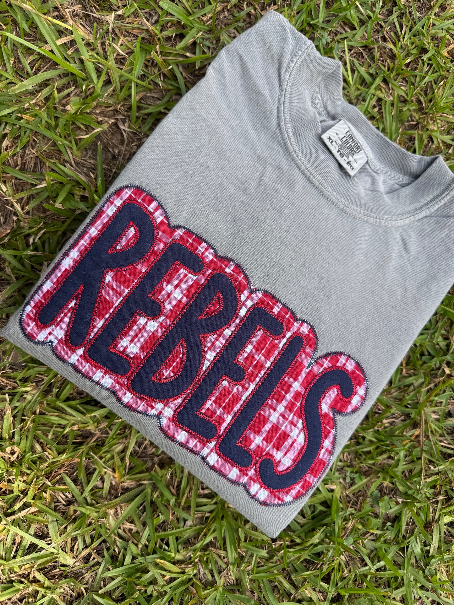 Red plaid/navy rebels applique embroidery