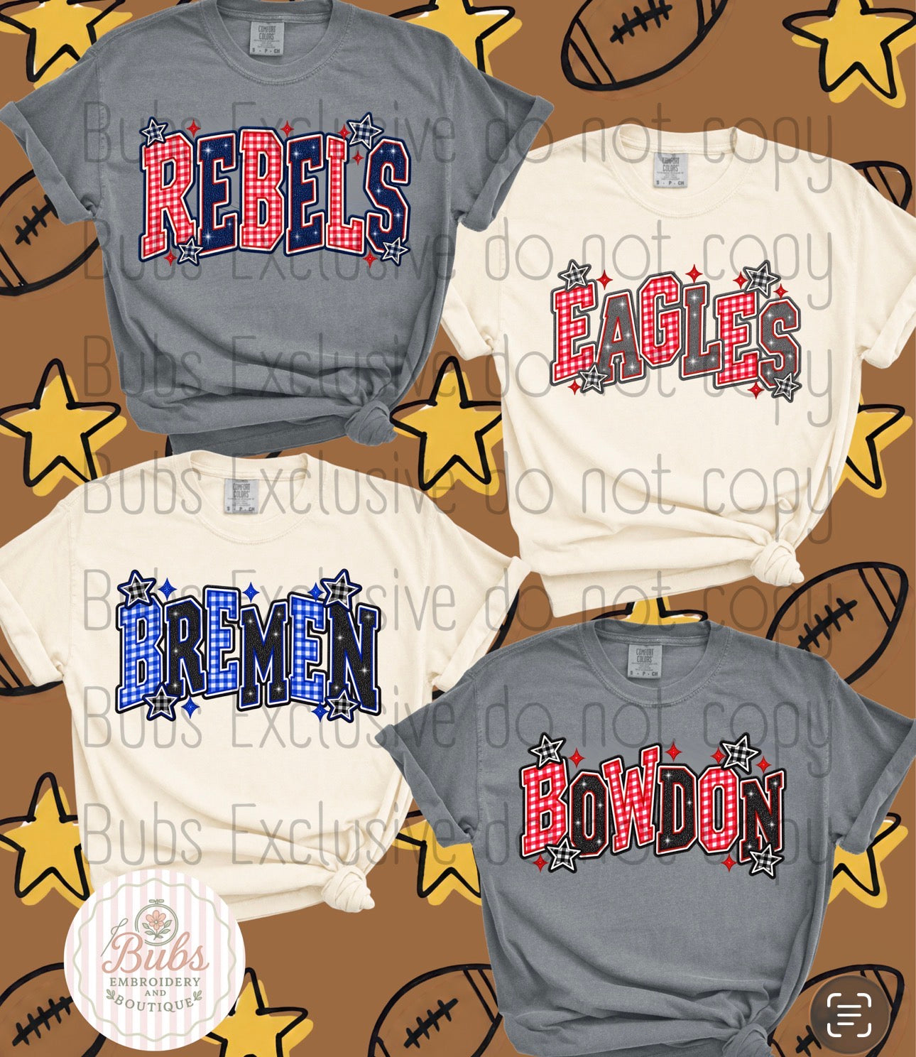 School spirit plaid/glitter (rebels, eagles, bowdon, Bremen)