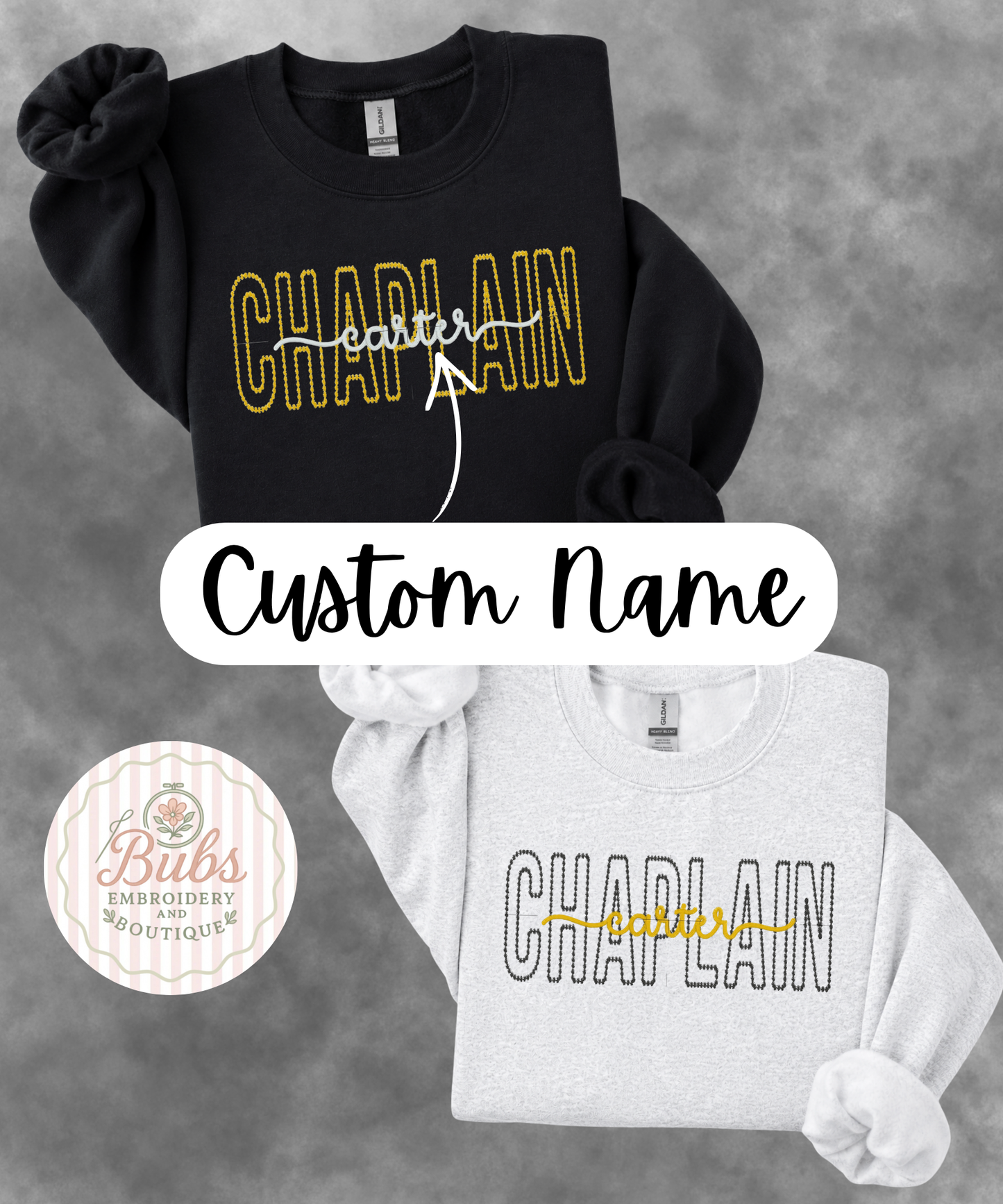 Chaplain pearl font with cursive custom name