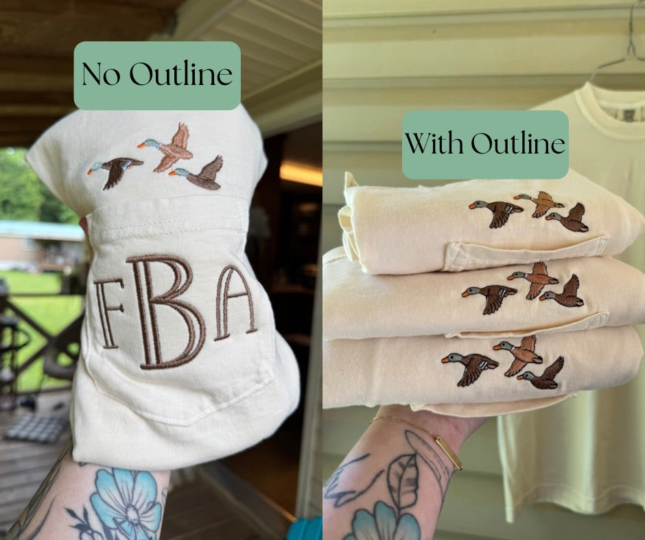 Mallard duck above pocket monogram