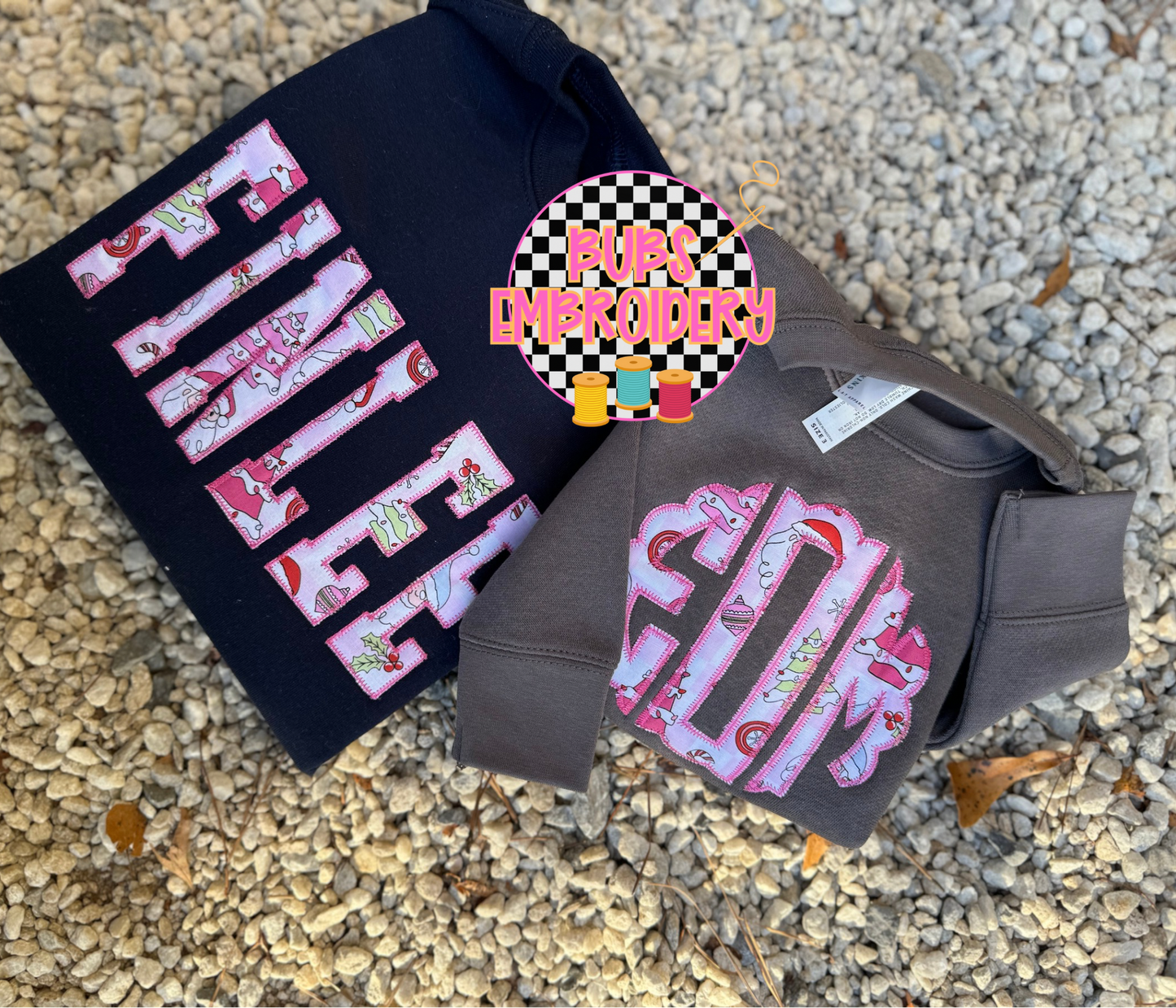 Pink Christmas appliqué name/title/monogram