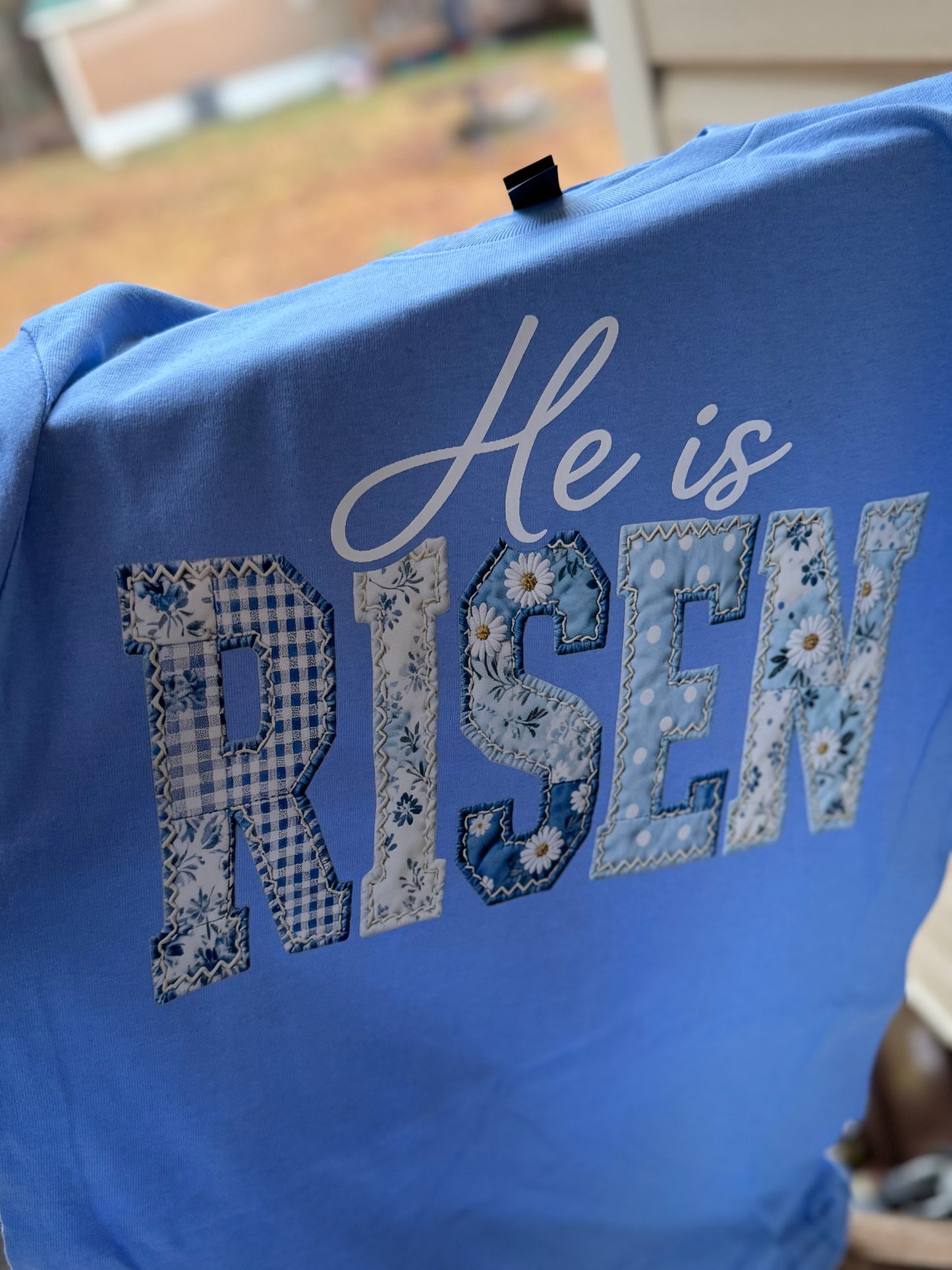 He is risen blue patchwork faux embroidery (dtf)