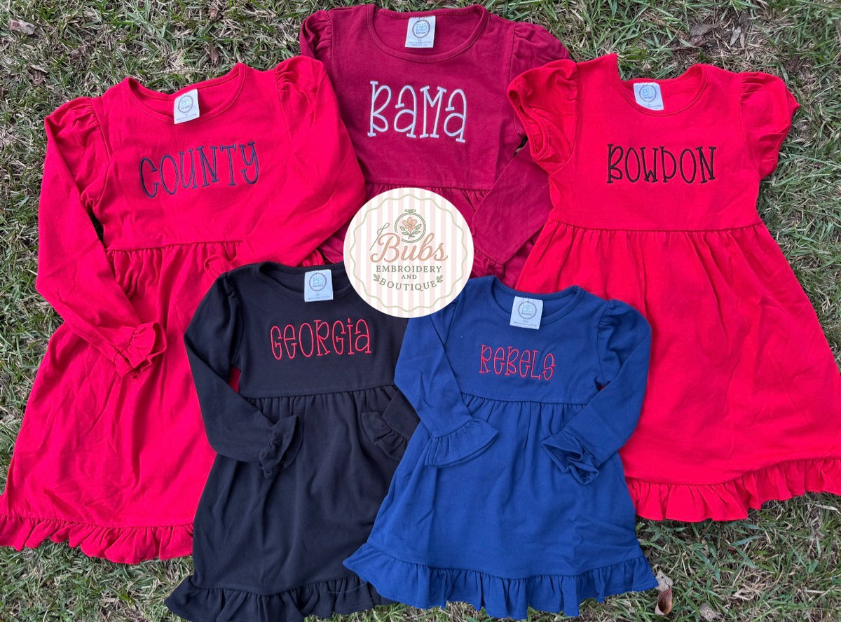 Custom 1-2 word short or long sleeve ruffle dress