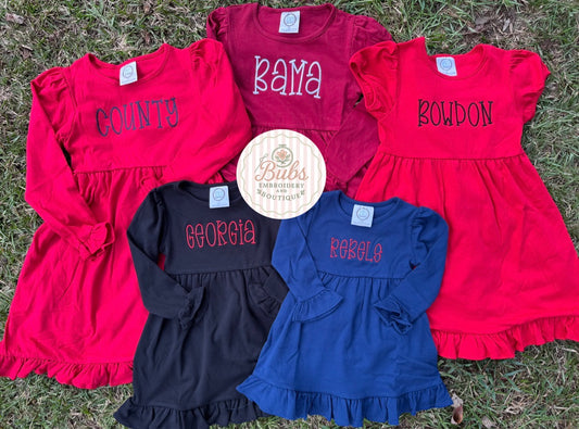 Custom 1-2 word short or long sleeve ruffle dress