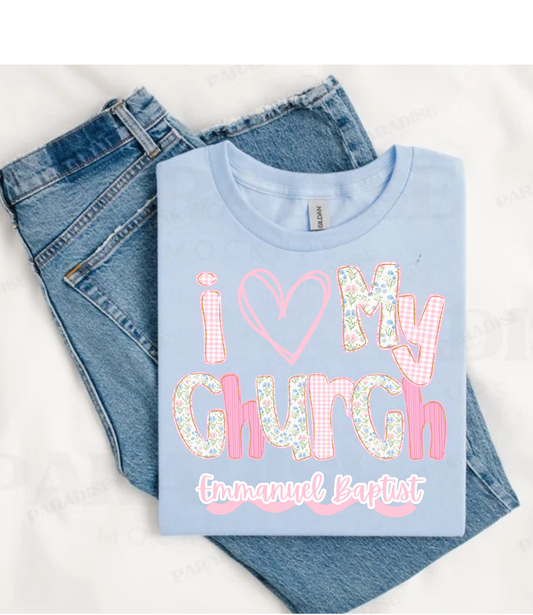 Women’s Emmanuel Baptist church light blue shirt