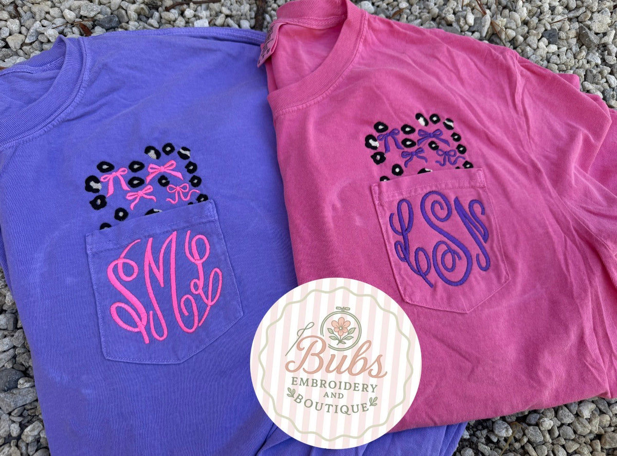 Leopard and bow pocket tees with initals