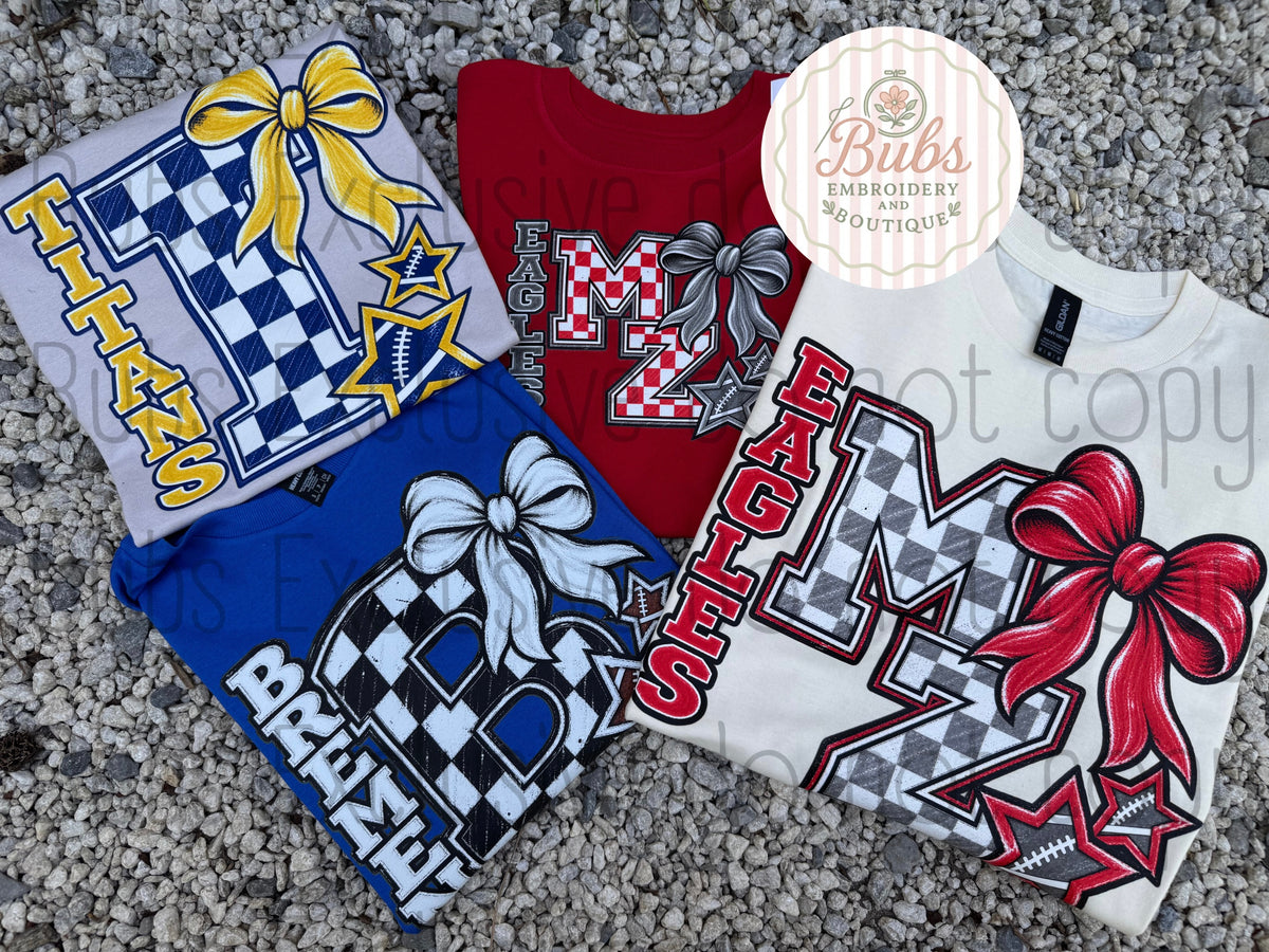 Checkered school spirit WITH STARS AND BOWS  (customs available)