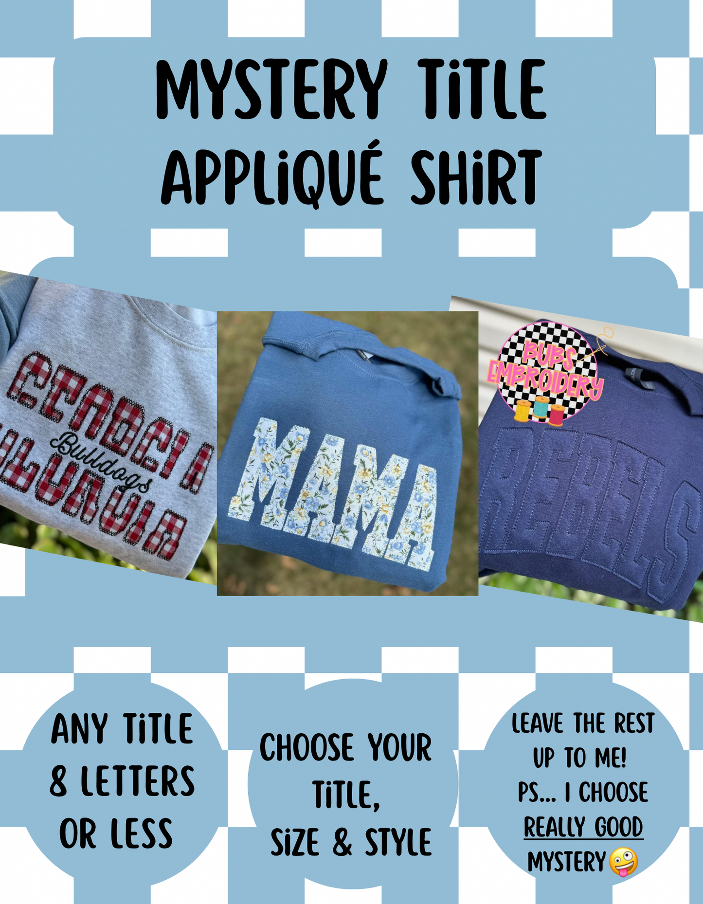 Mystery appliqué title Embroidery shirts (2t-3xl)