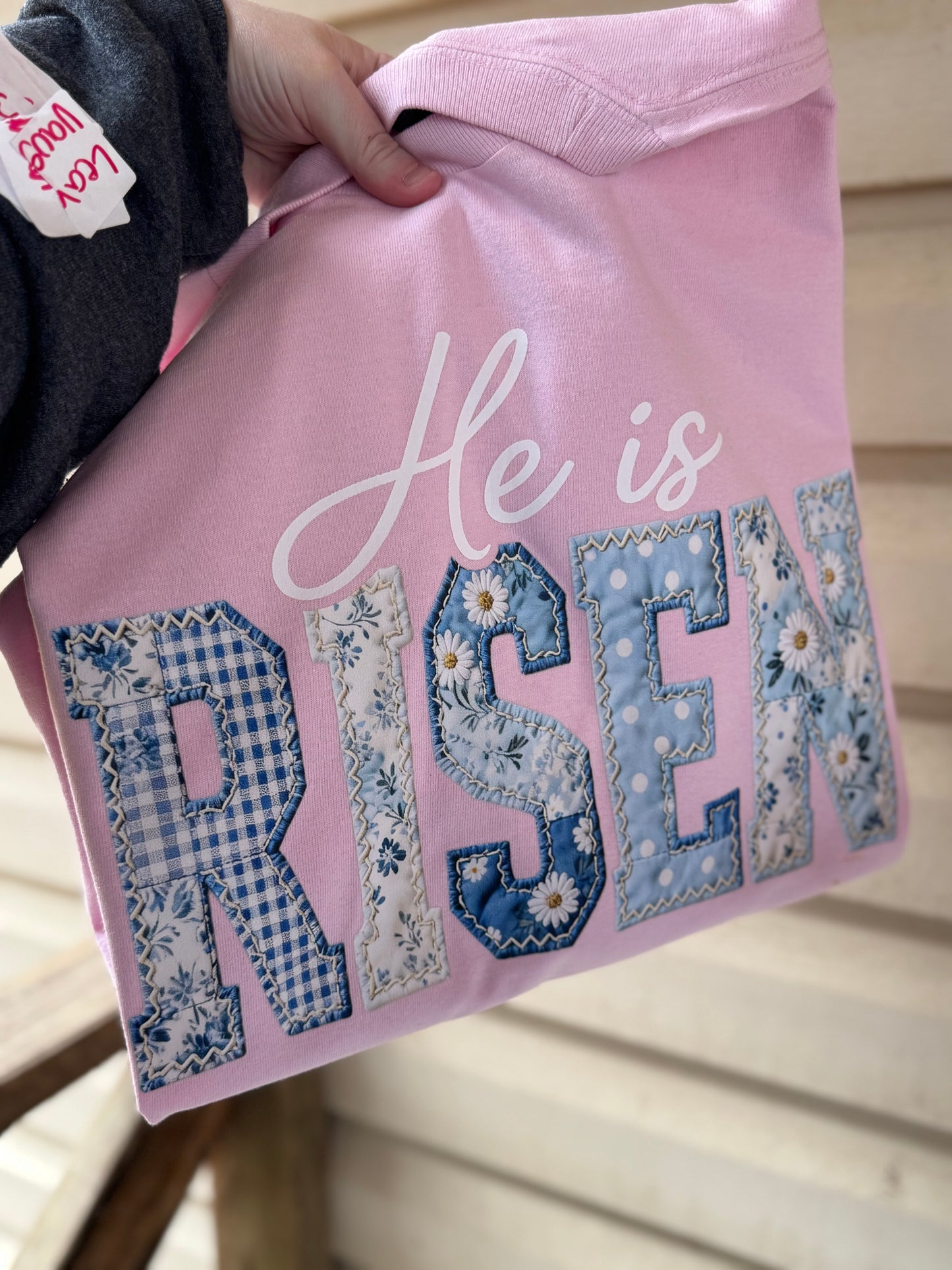 He is risen blue patchwork faux embroidery (dtf)